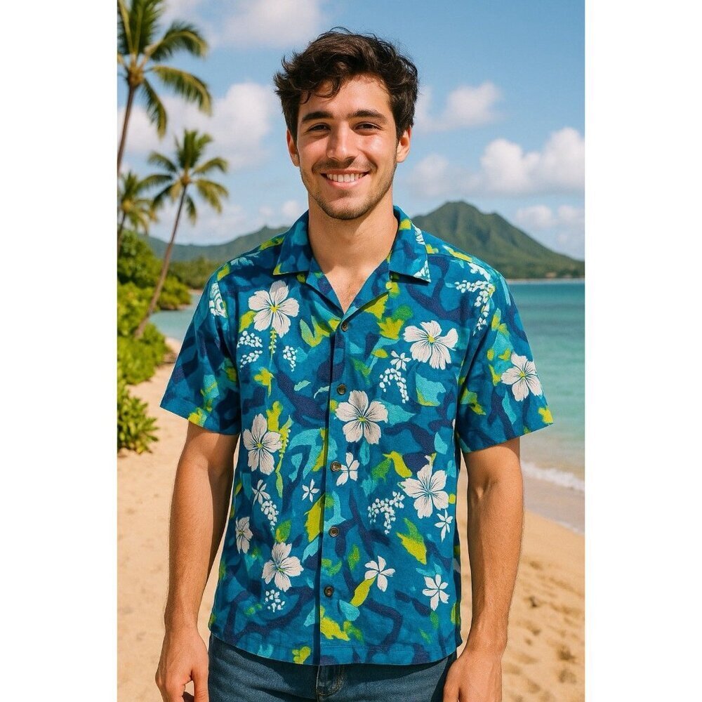 Vintage Men’s Hawaiian Button Down Shirt Blue Multicolored